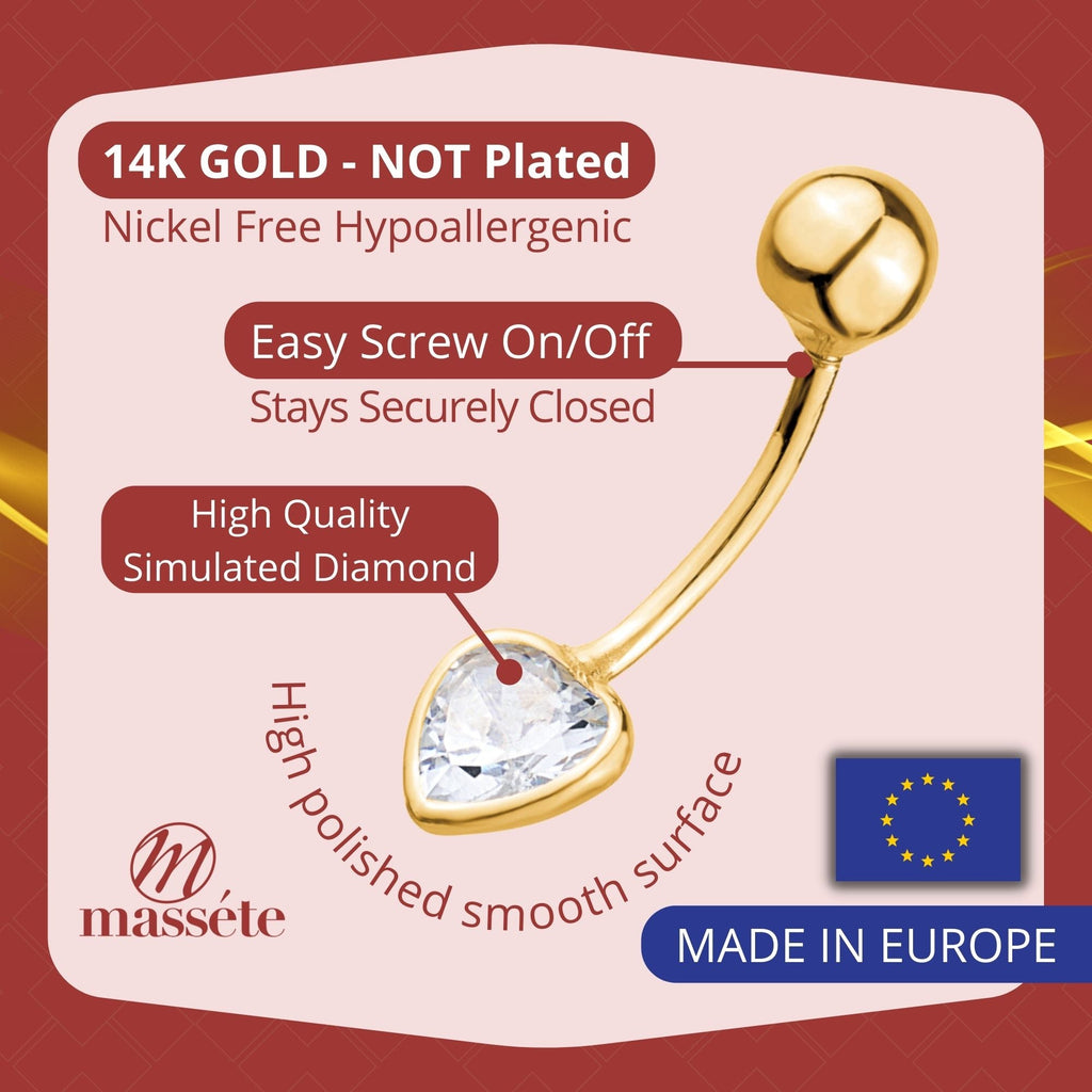 Heart Belly Ring 14k Yellow Gold Navel Ring Belly Button Ring 16 Gauge Simulated Diamond Gemstone Body Piercing Jewelry