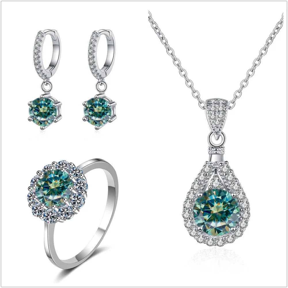 Moissanite Jewelry Set 925 Sterling Silver Ring Earring Pendant Necklace Bridal