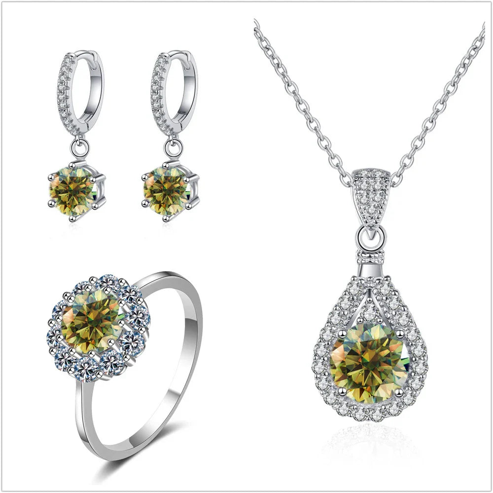 Moissanite Jewelry Set 925 Sterling Silver Ring Earring Pendant Necklace Bridal