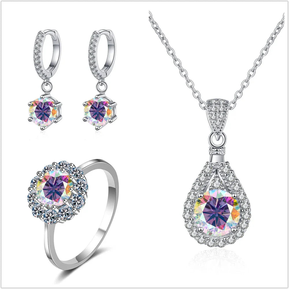 Moissanite Jewelry Set 925 Sterling Silver Ring Earring Pendant Necklace Bridal
