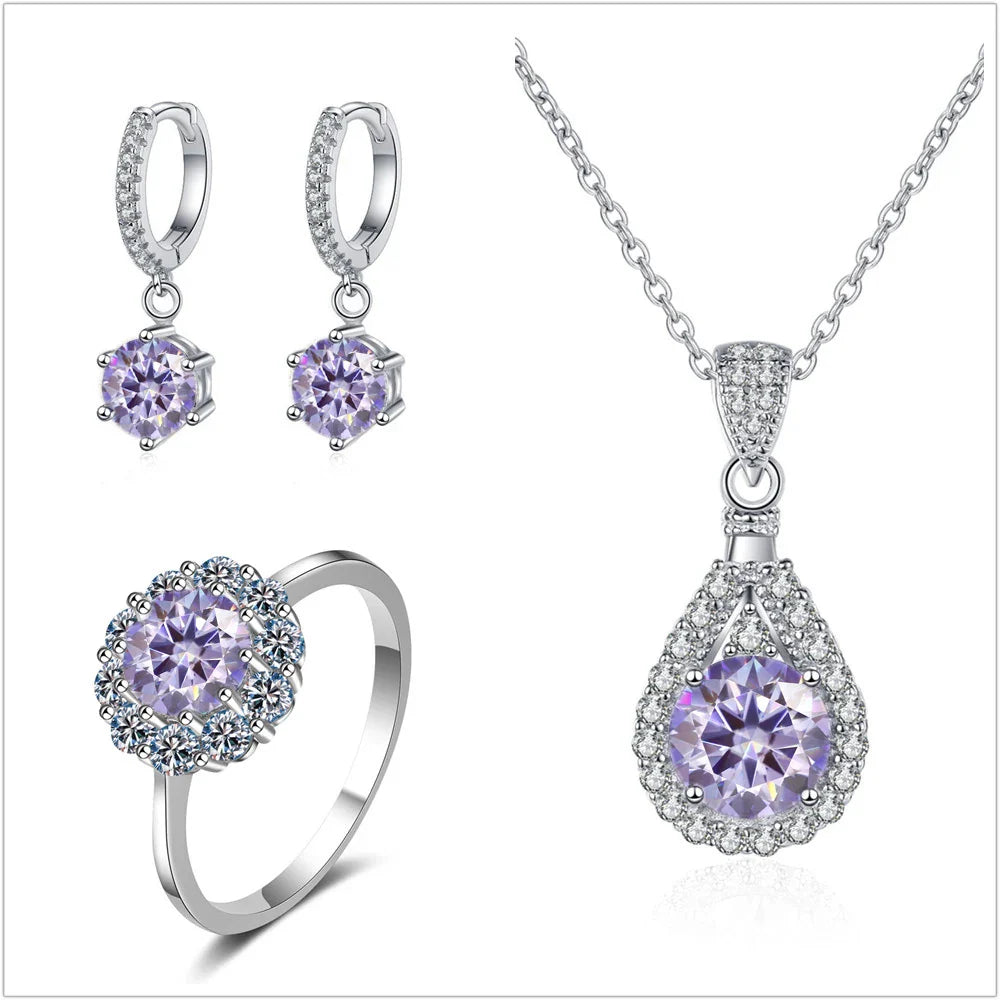 Moissanite Jewelry Set 925 Sterling Silver Ring Earring Pendant Necklace Bridal