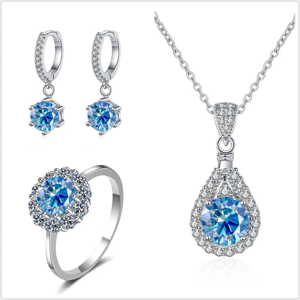Moissanite Jewelry Set 925 Sterling Silver Ring Earring Pendant Necklace Bridal
