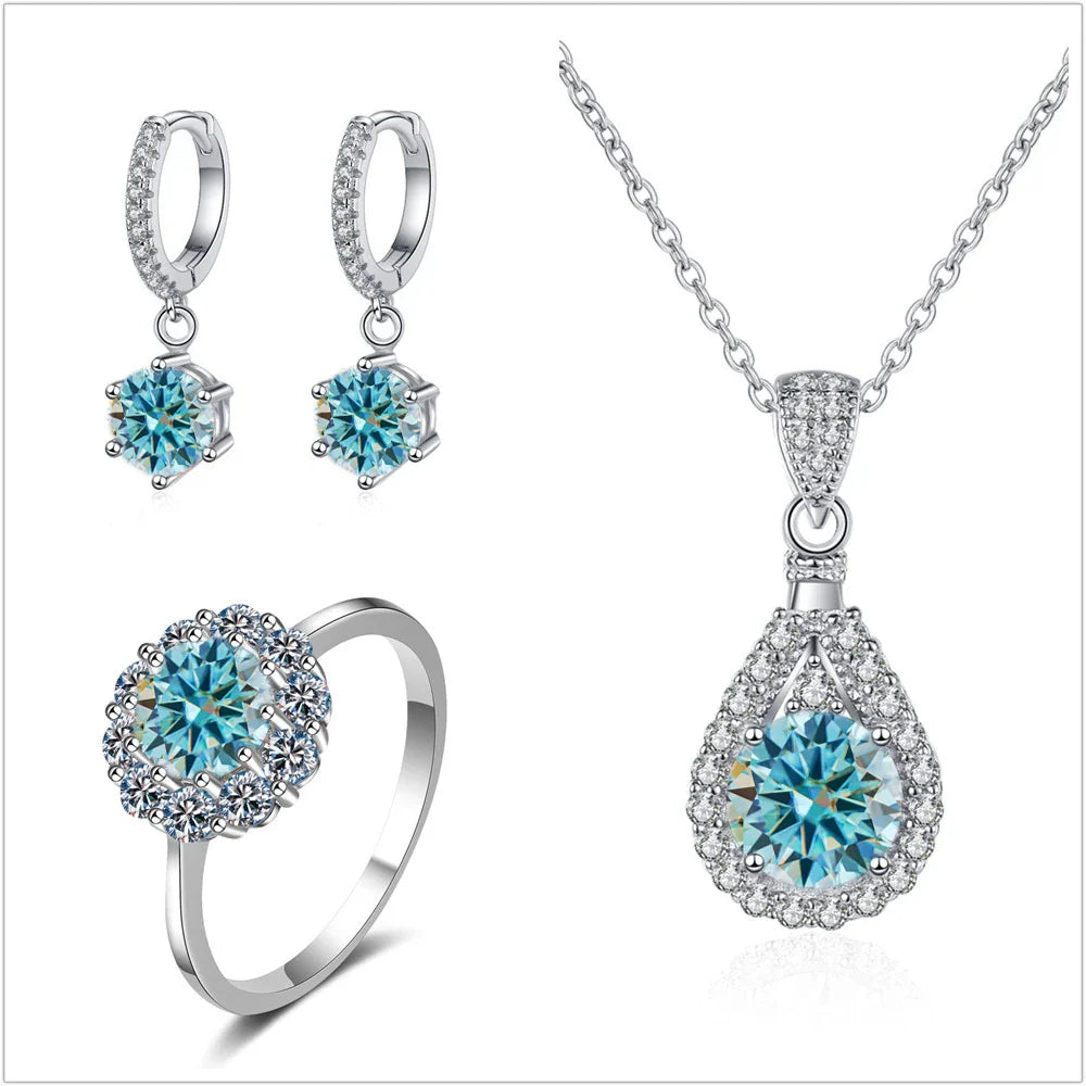 Moissanite Jewelry Set 925 Sterling Silver Ring Earring Pendant Necklace Bridal